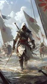 Hooded coastal swordsman wading through surf amid battle pennants