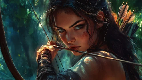 Fierce forest archer drawing her bow with quiet resolve.