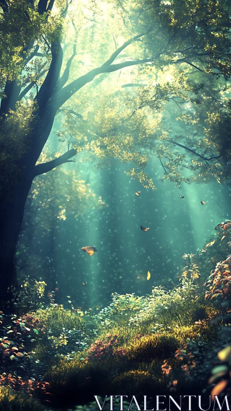 Enchanted Forest Canopy with Golden Light and Falling Leaves.