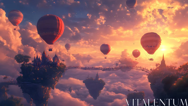 Sunlit fantasy airships drift above skyborne castle isles