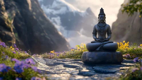 Serene Buddha statue in tranquil mountain garden, photorealistic style.