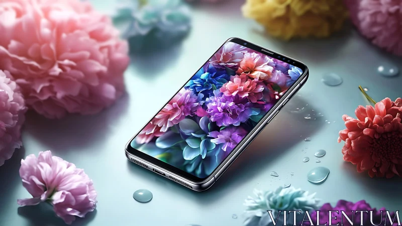 High-gloss smartphone with floral AMOLED display and water droplets
