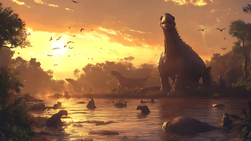 Sunlit sauropods dominate a primeval wetland at golden hour