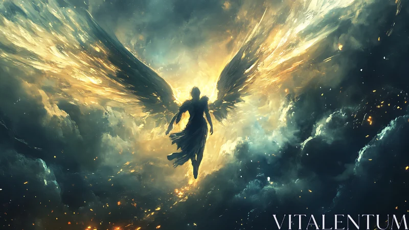 Winged figure is rendered amid luminous atmospheric clouds