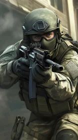 Urban phantom marksman poised in swirling battlefield haze.