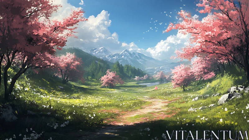 Spring valley path with cherry trees and distant mountains.