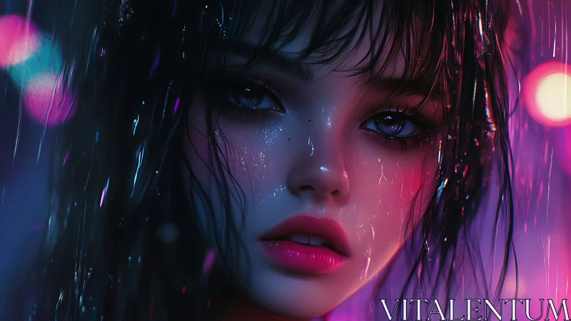 Neon-lit wet portrait renders hyperreal anime-styled emotion
