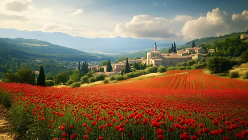 Poppy field in front of hillside village and distant mountains.