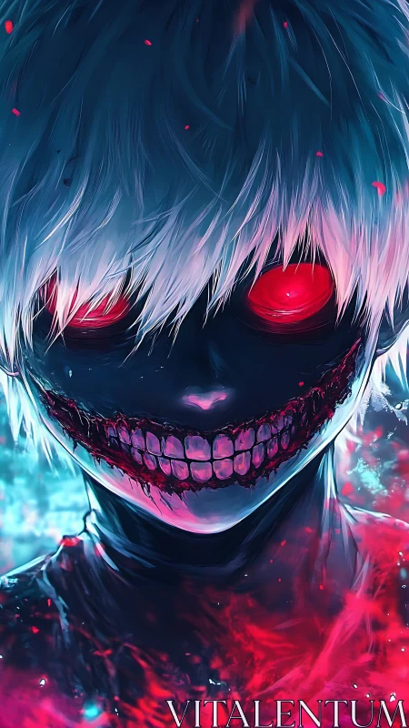 Neon eyed phantom with a stitched crimson smile unveiled.