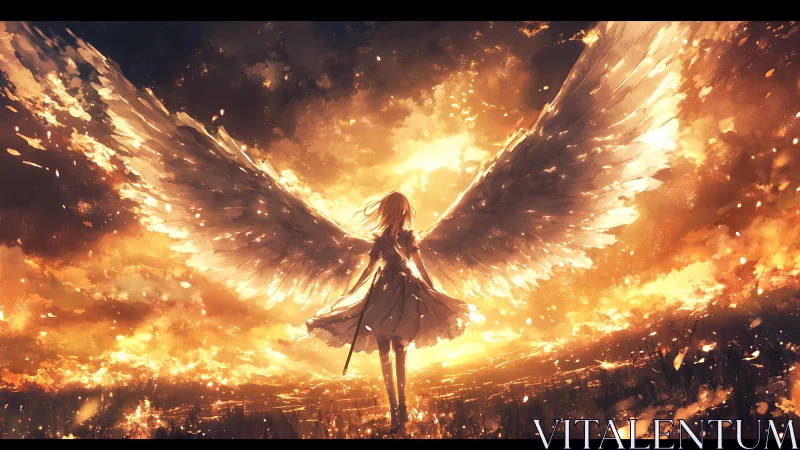 Winged figure silhouetted against expansive burning sky.