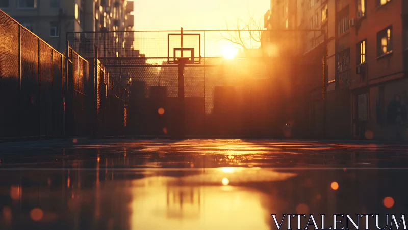 Golden sunset settles gently over a quiet city court