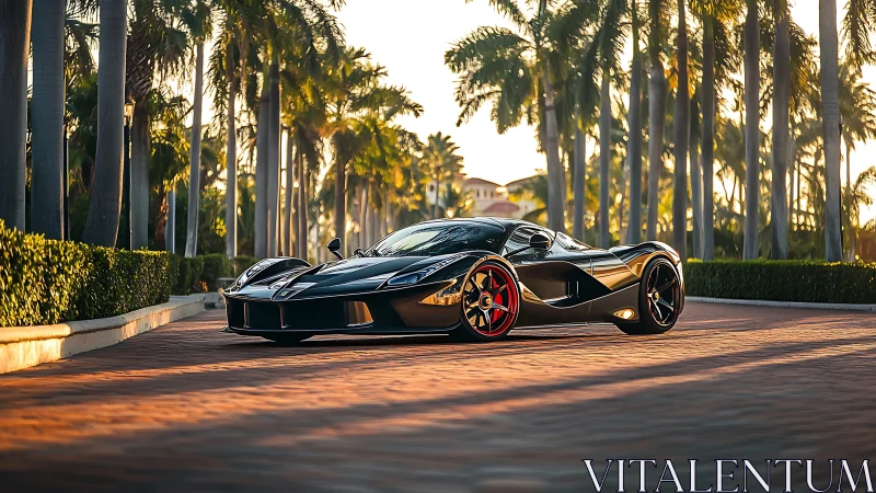 Black hybrid hypercar on palm-lined brick boulevard at sunset