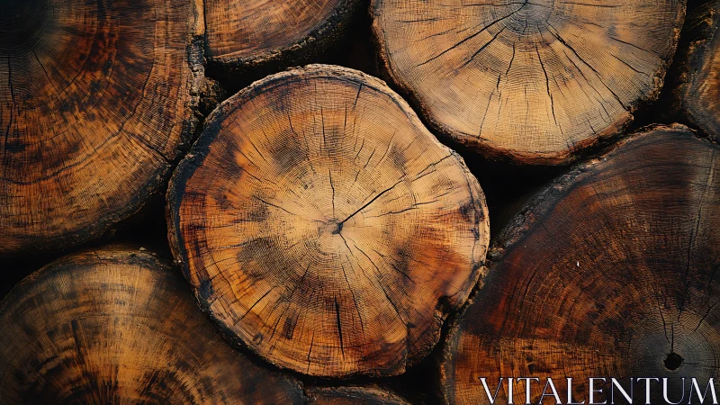 Close-up of stacked tree logs with visible growth rings, rustic style.