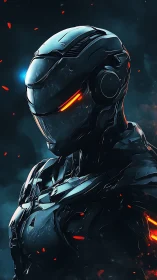 Futuristic armored android stands ready in glowing embers