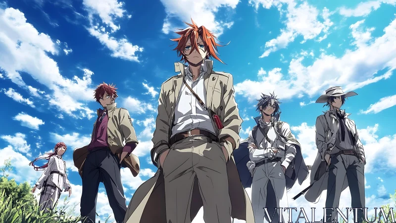 Determined anime heroes stand united beneath vivid summer sky