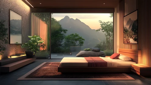 Minimalist zen bedroom with panoramic mountain glazing.