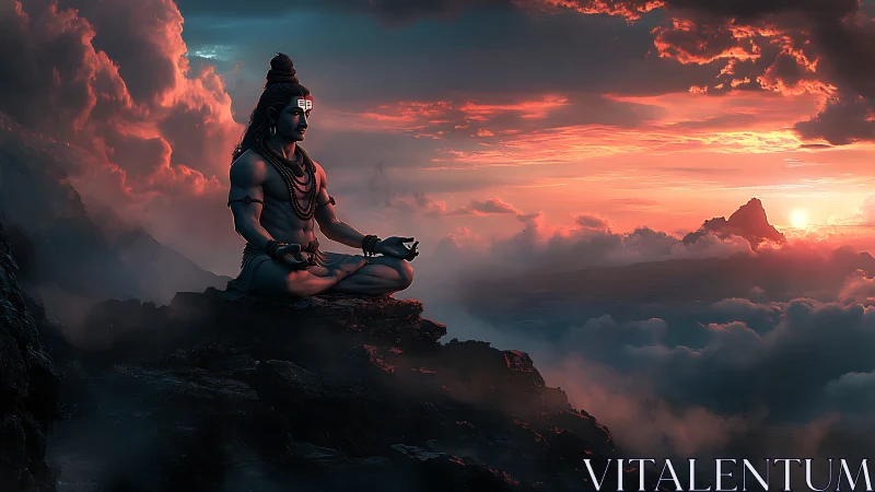 Meditating deity watches a burning cloudscape at dusk.