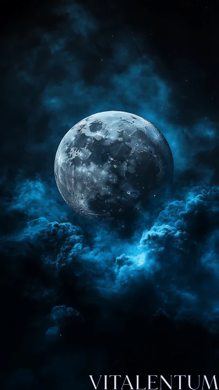Luminous full moon emerging from deep cobalt storm clouds.