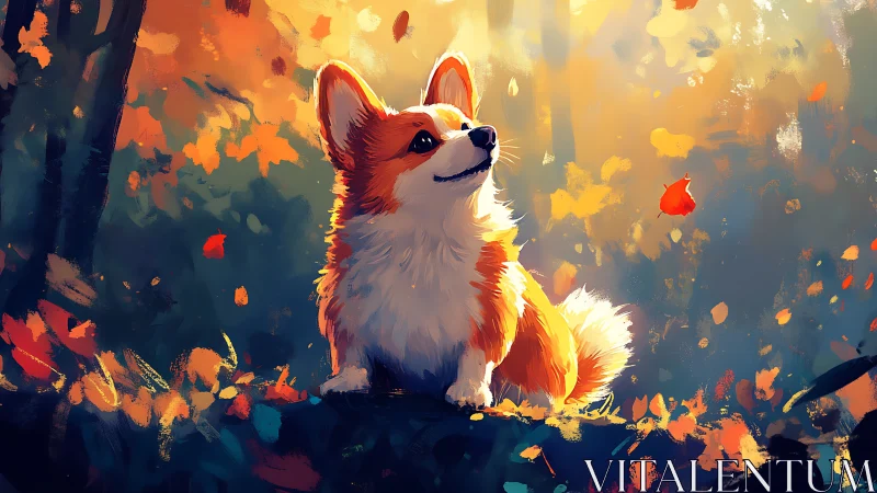 Corgi illuminated in dappled autumn forest light, painterly render
