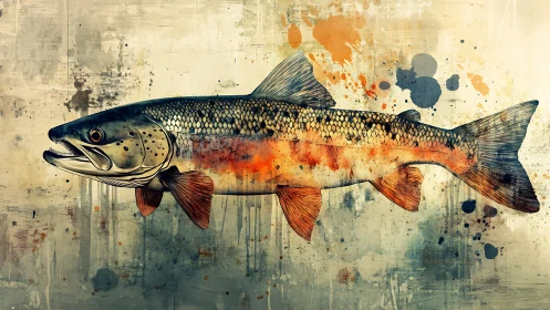 Vibrant trout illustration swims through grunge watercolor splashes