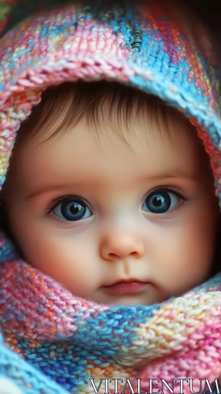 Big-eyed winter cherub wrapped in rainbow knit wonder.