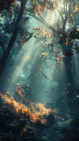Autumn Forest Canopy with Volumetric Crepuscular Rays and Falling Leaves