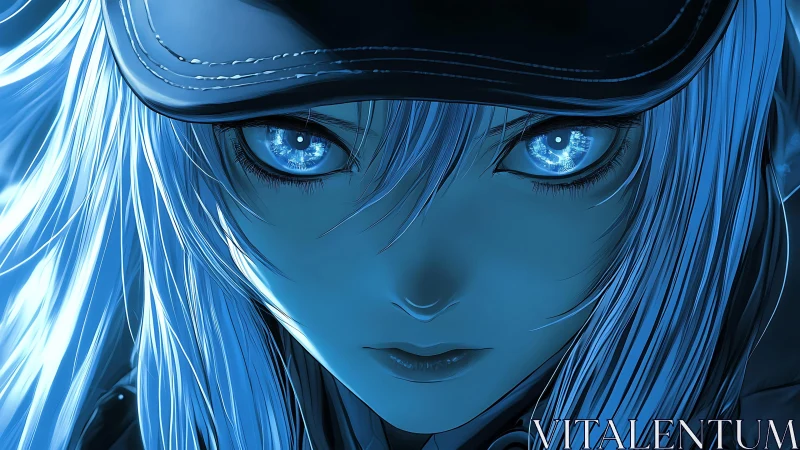 Starlit eyes cut through cobalt shadows beneath the cap