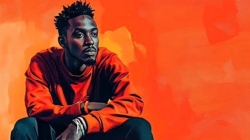 Portrait shows seated figure in red against uniform orange ground