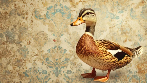 Mallard portrait against ornate distressed wallpaper background.