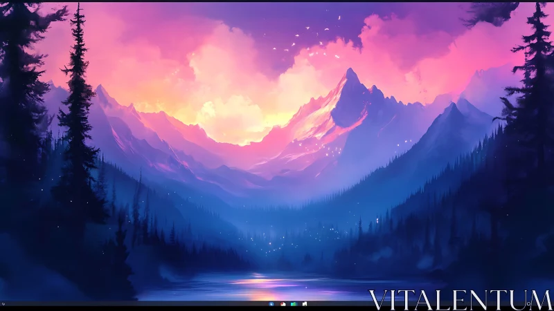 Vibrant digital mountains over lake at twilight glow.