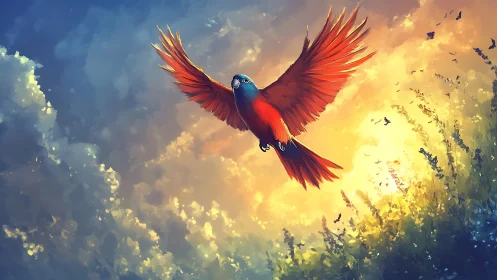 Vibrant red parrot soaring at sunrise in digital art style.