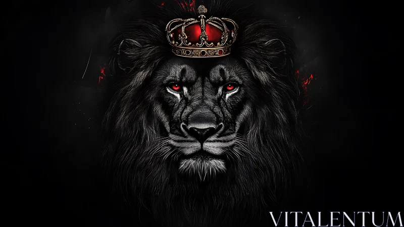 Digital painting of crowned black lion with crimson accents.