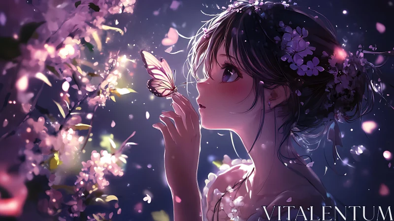 Girl in moonlit blossoms gently meeting a glowing butterfly.
