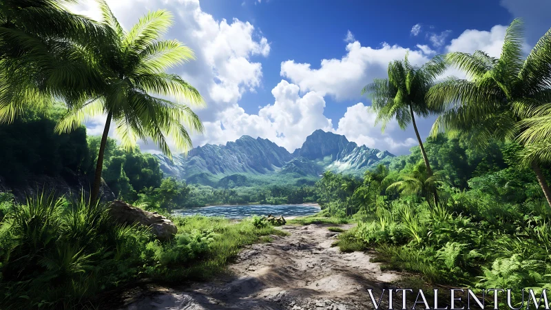 Tropical Landscape Framed by Palm Vegetation and Mountains.