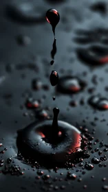Dark liquid droplet splashes with dramatic red reflections.