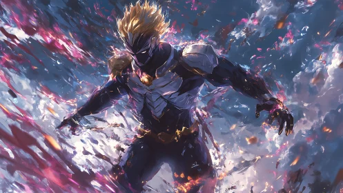 Armored anime hero descends through explosive celestial vortex