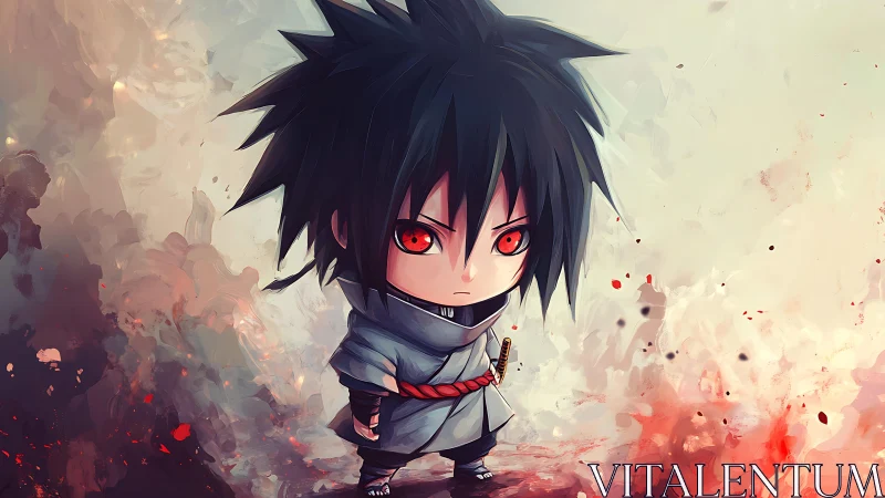 Chibi anime swordsman with red eyes on abstract ground.
