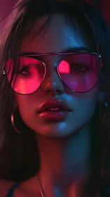 Neon lit portrait of woman in reflective pink glasses.