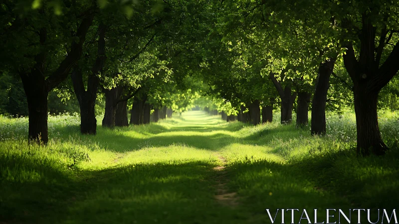 Tree-lined grassy path recedes into distant bright vanishing point