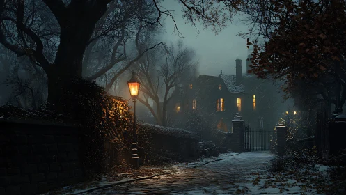Lamplit manor broods under rain-soaked branches at dusk.