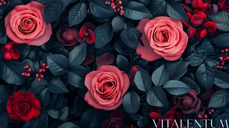 Pink Roses Bloom Through Dark Foliage and Berry Accents