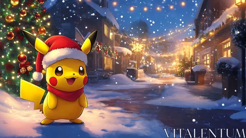 Santa hat Pikachu strolling through storybook snowfall.