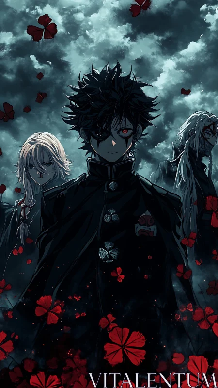 Dark-eyed anime trio stride through blood-red petals.