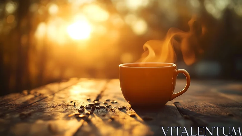 Golden sunrise wraps a steaming coffee cup in gentle warmth