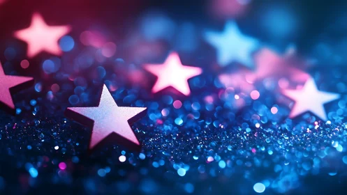 Neon bokeh stars rest on glittering blue surface in macro focus