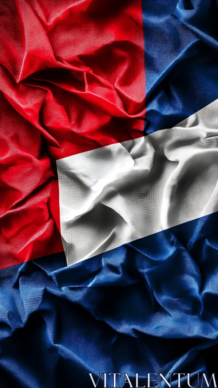 Crumpled tricolor fabric with red, white, blue blocks.