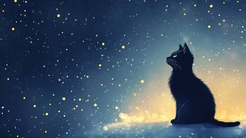 Black Cat Gazes at Luminous Night Sky.