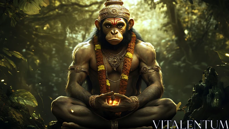 Simian figure in ornate adornment seated in forest setting.