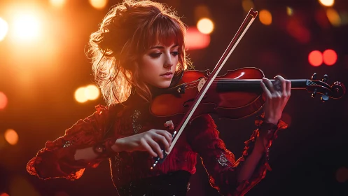 Warm stage lights glow as a focused violinist shapes every note