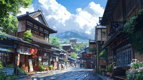 Traditional Japanese street with shops and distant mountain view.
